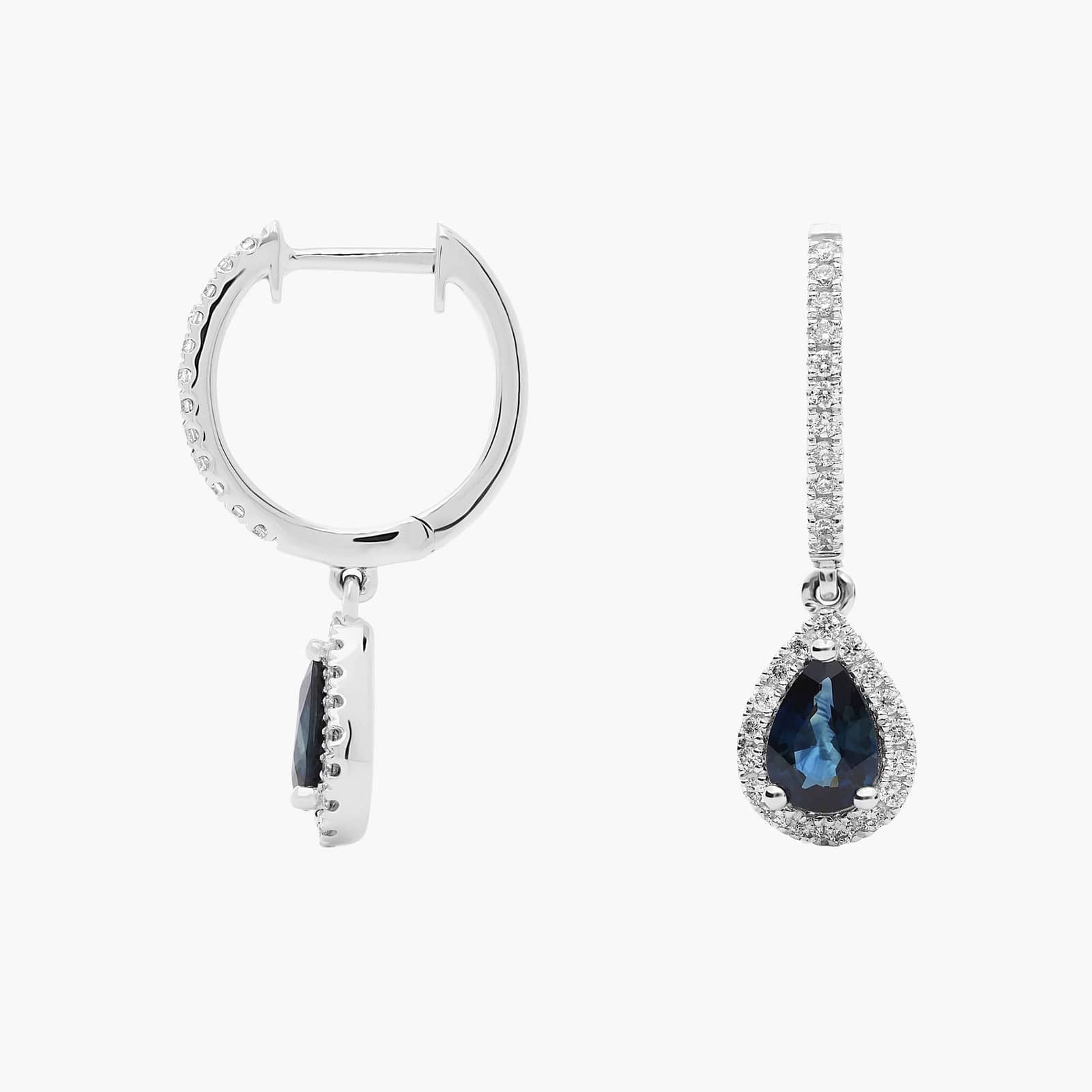 Pear Shaped Sapphire and Diamond Halo Drop Earrings in 14k White Gold (6x4mm)
