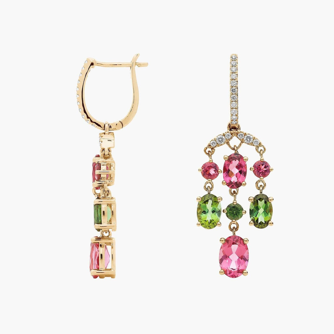Pink and Green Tourmaline Chandelier Earrings in 14k Yellow Gold
