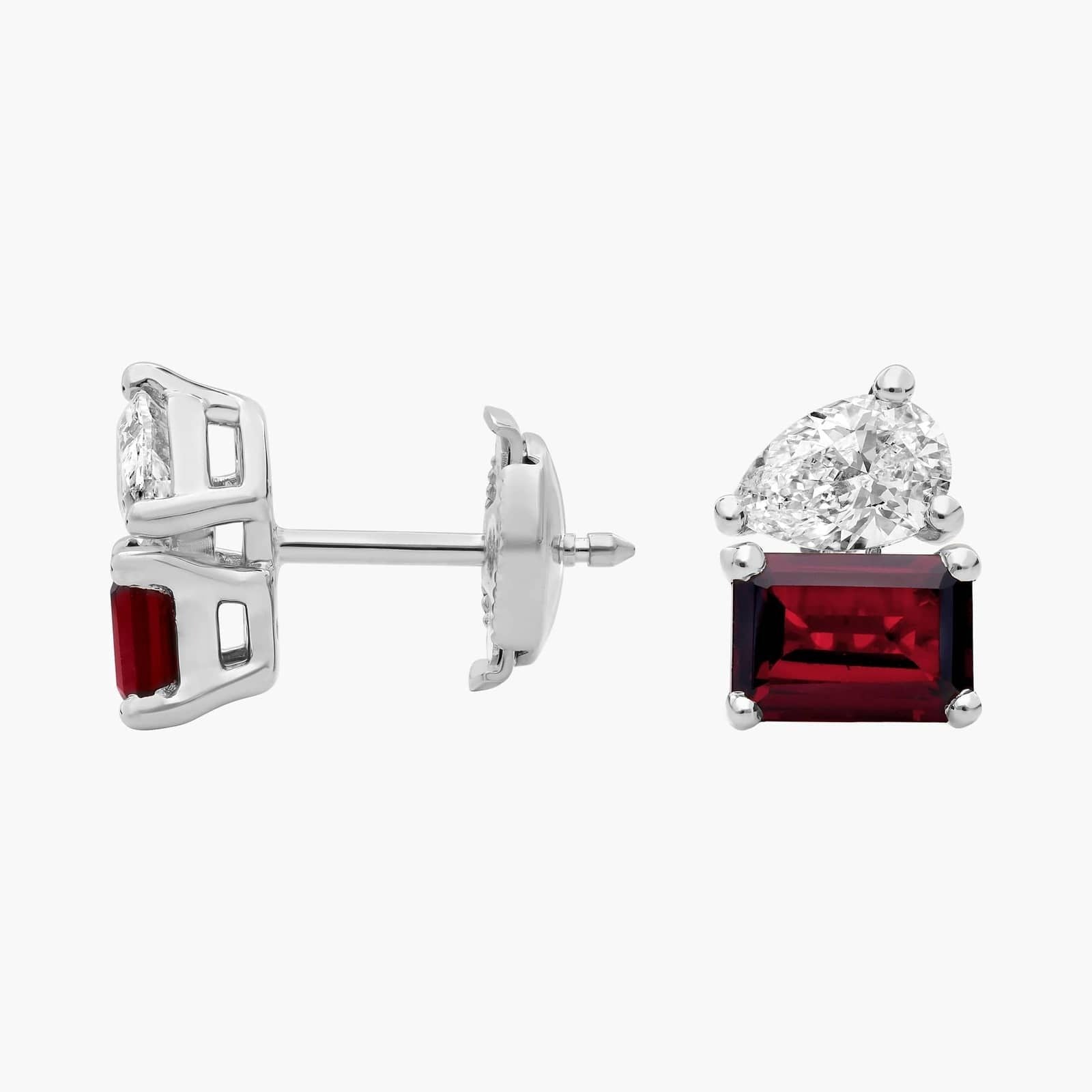 Lab Grown Diamond and Garnet Two Stone Stud Earrings in 14k White Gold