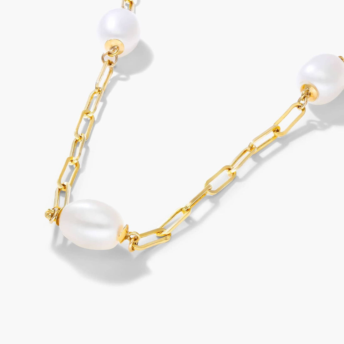 14K Yellow Gold Freshwater Cultured Pearl Station Paperclip Necklace
