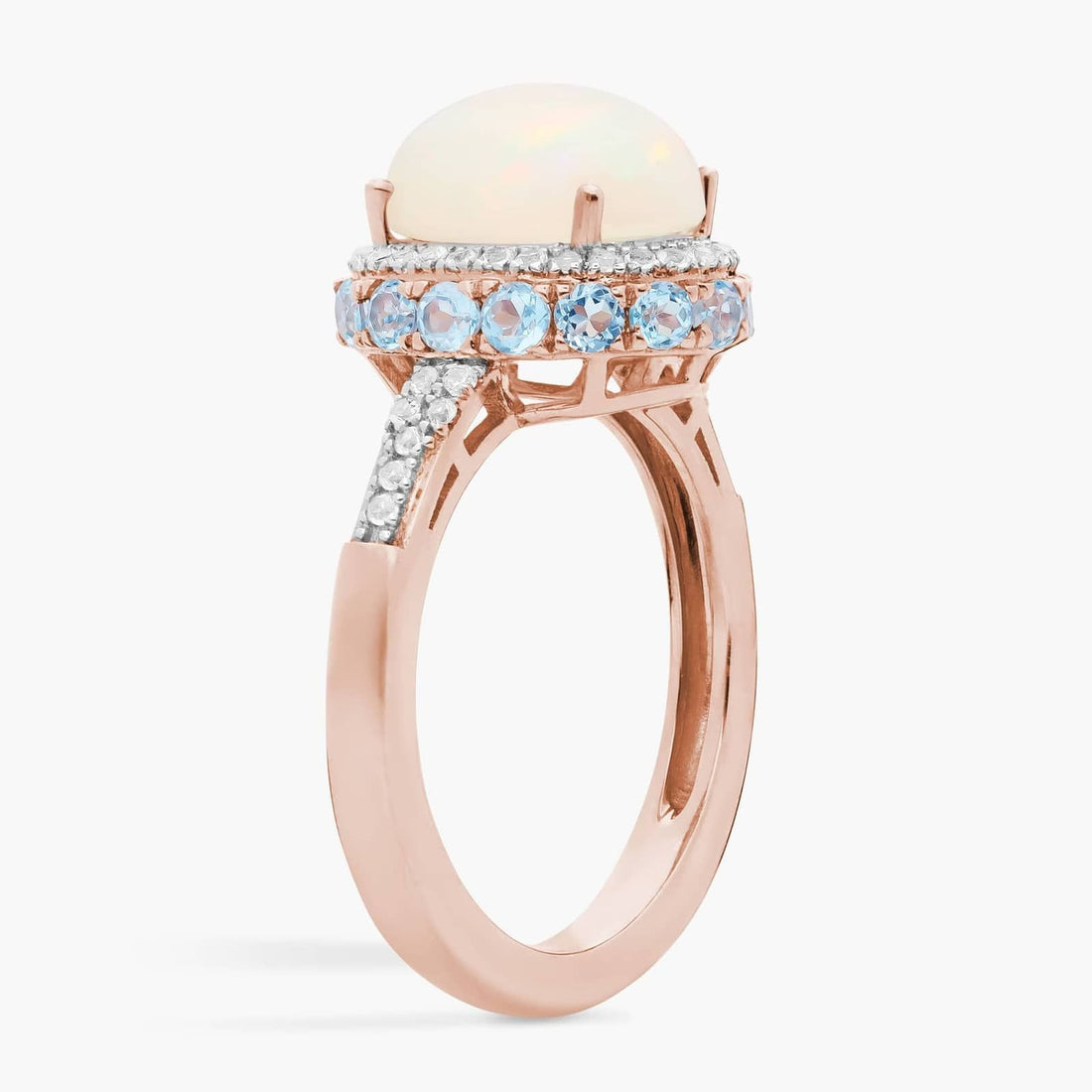 Oval Opal and Swiss Blue Topaz Halo Ring in 14k Rose Gold