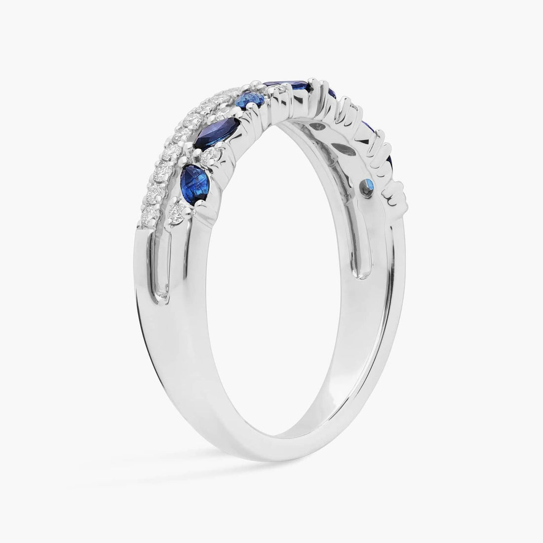Two Row Diagonal Blue Sapphire Marquise And Pave Diamond Band in 14k White Gold