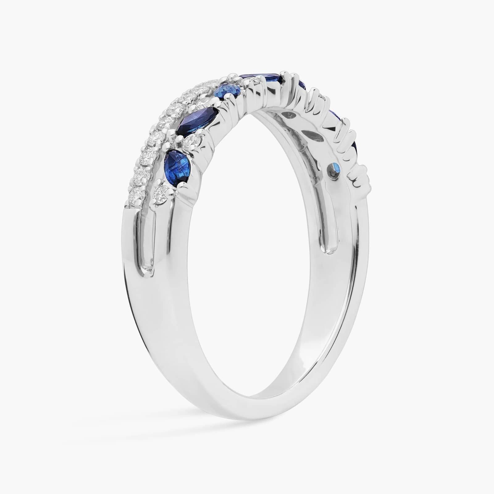 Two Row Diagonal Blue Sapphire Marquise And Pave Diamond Band in 14k White Gold