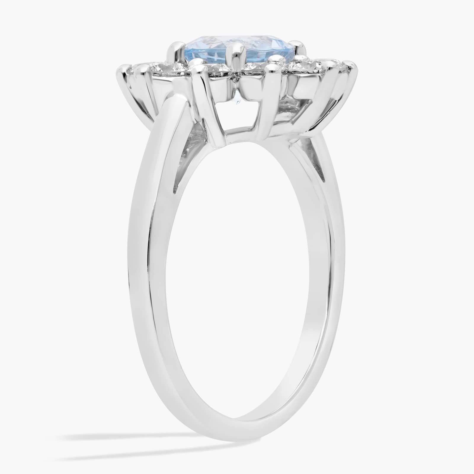 Round Aquamarine and Diamond Halo Ring in 14k White Gold