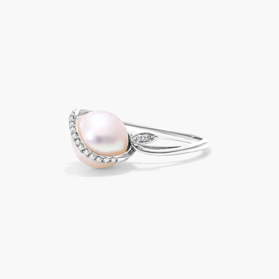 Freshwater Cultured Pearl And Diamond Vine Ring In 14K White Gold (9.0-9.5mm)