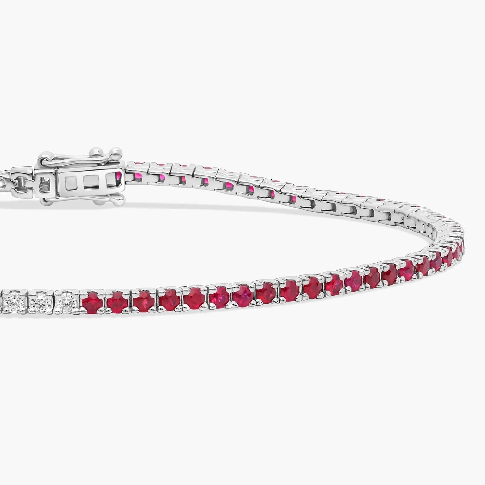 Half And Half Round Diamond and Ruby Tennis Bracelet in 14k White Gold