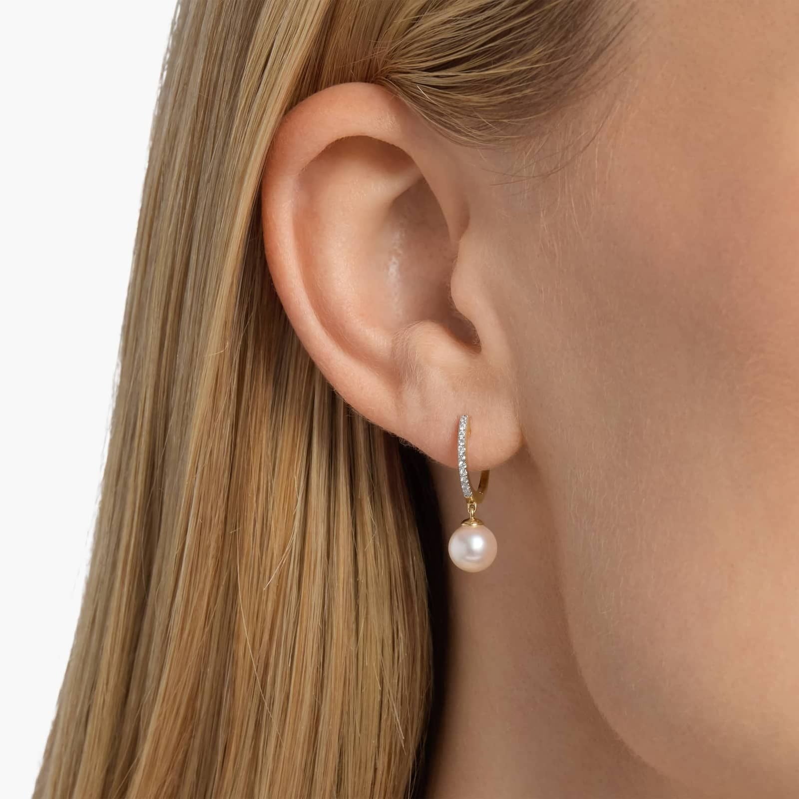 Akoya Cultured Pearl and Diamond Drop Hoop Earrings in 14k Yellow Gold (6.5mm)