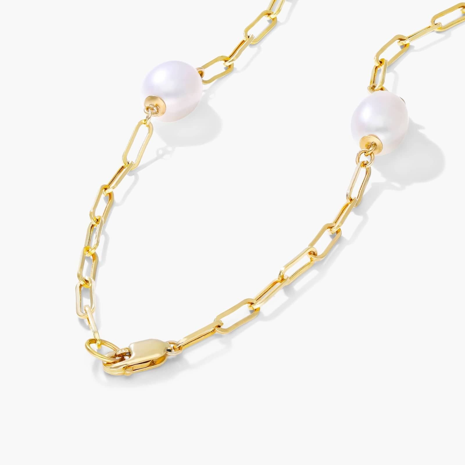 14K Yellow Gold Freshwater Cultured Pearl Station Paperclip Necklace