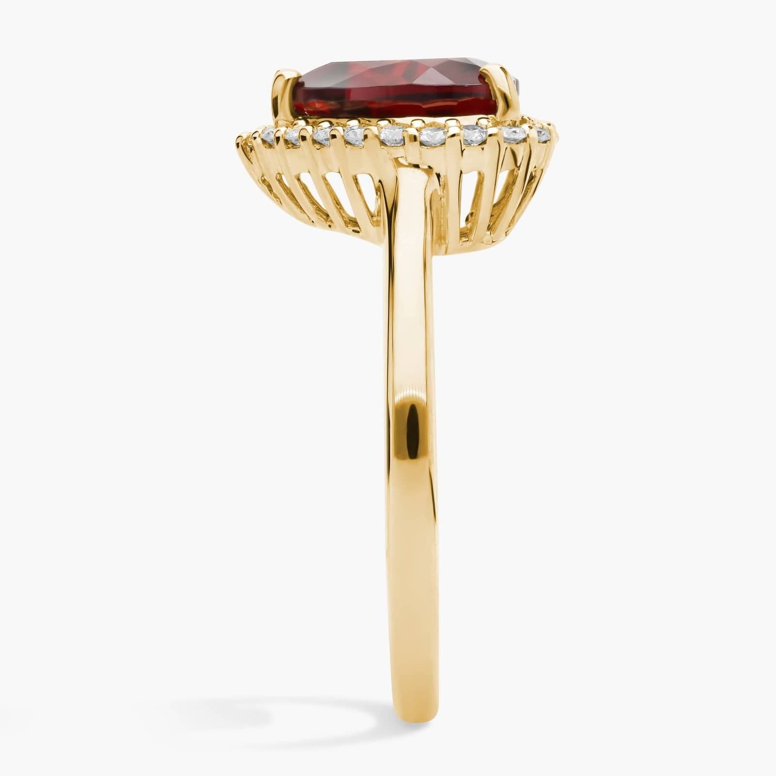 Heart Shaped Garnet and Diamond Halo Ring in 14k Yellow Gold