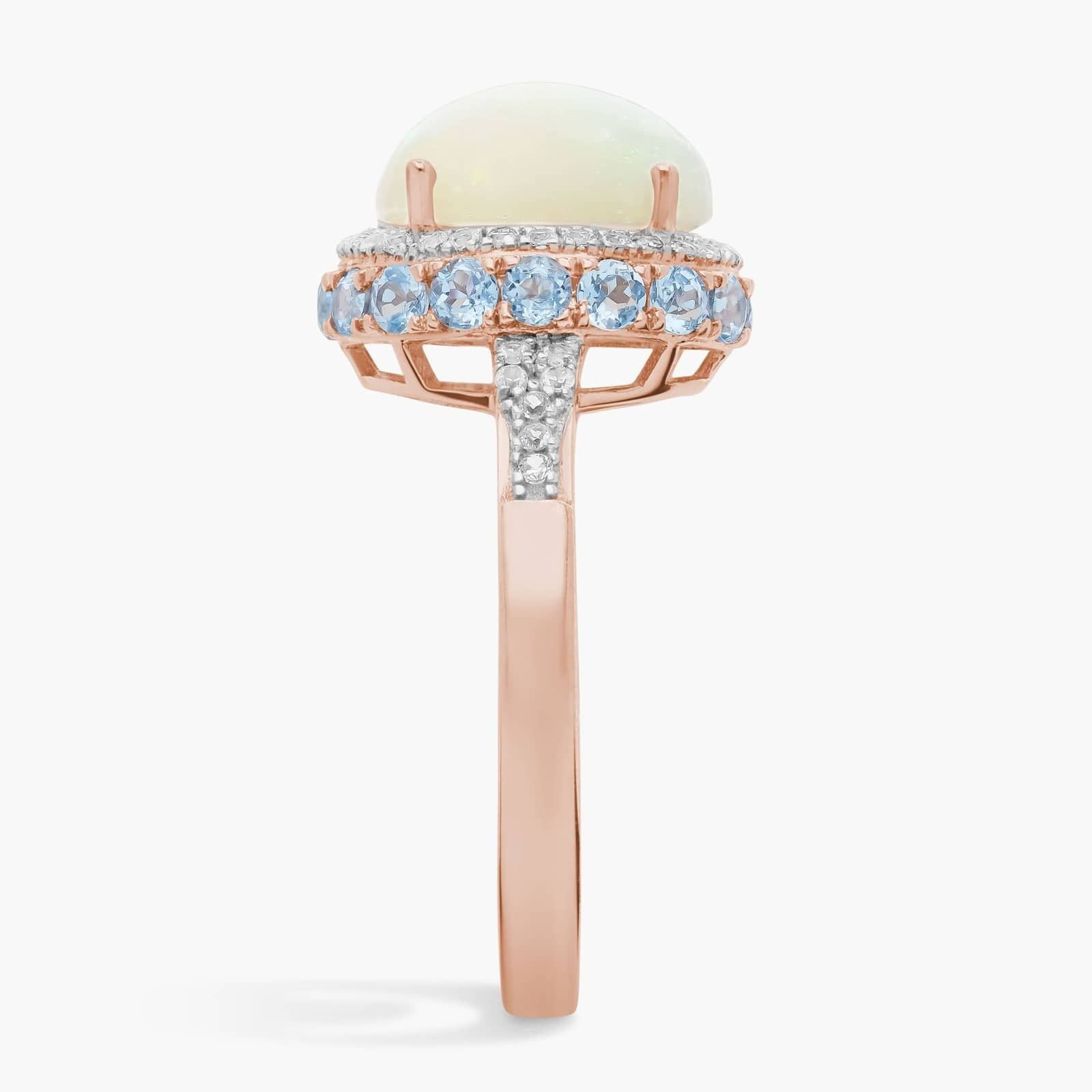 Oval Opal and Swiss Blue Topaz Halo Ring in 14k Rose Gold