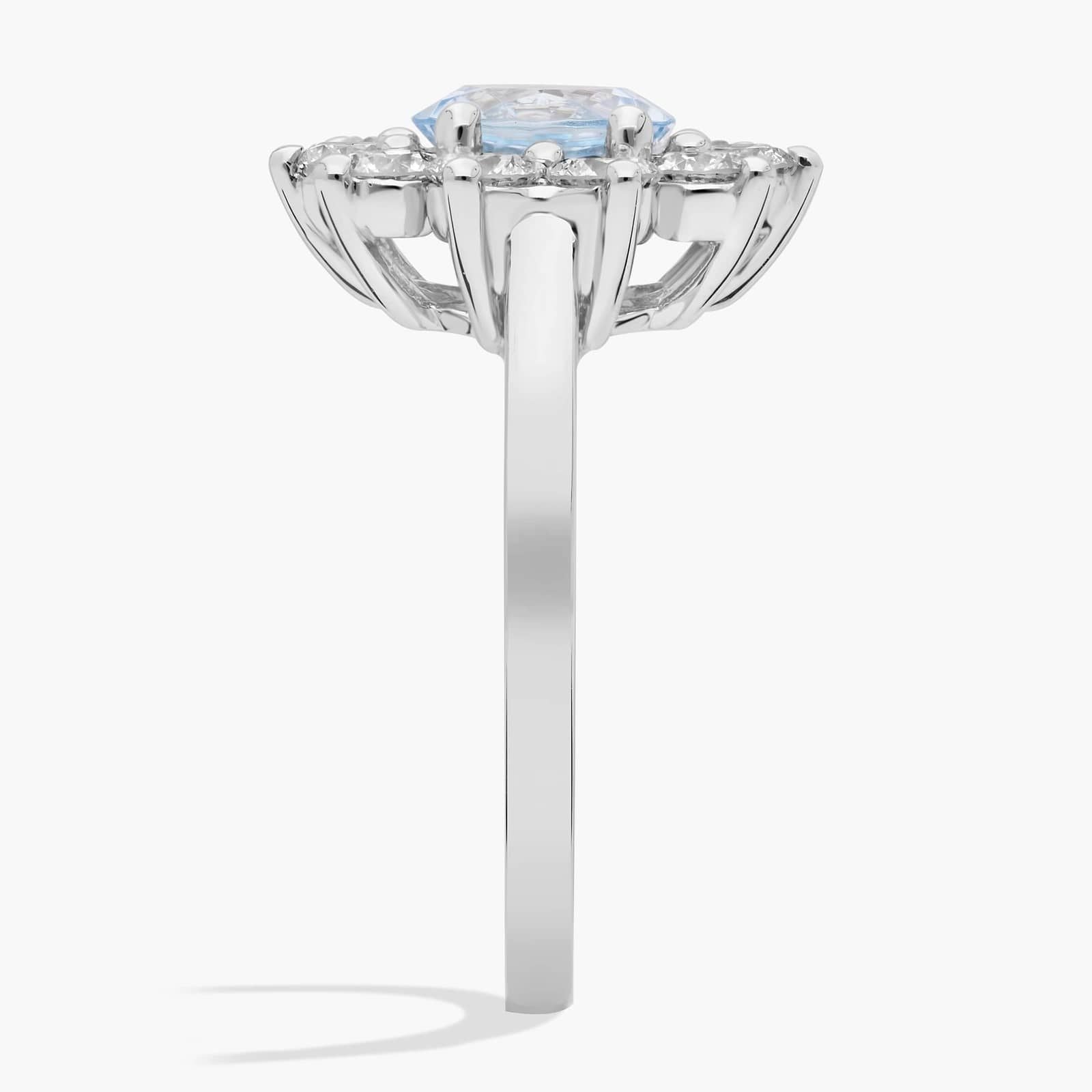Round Aquamarine and Diamond Halo Ring in 14k White Gold