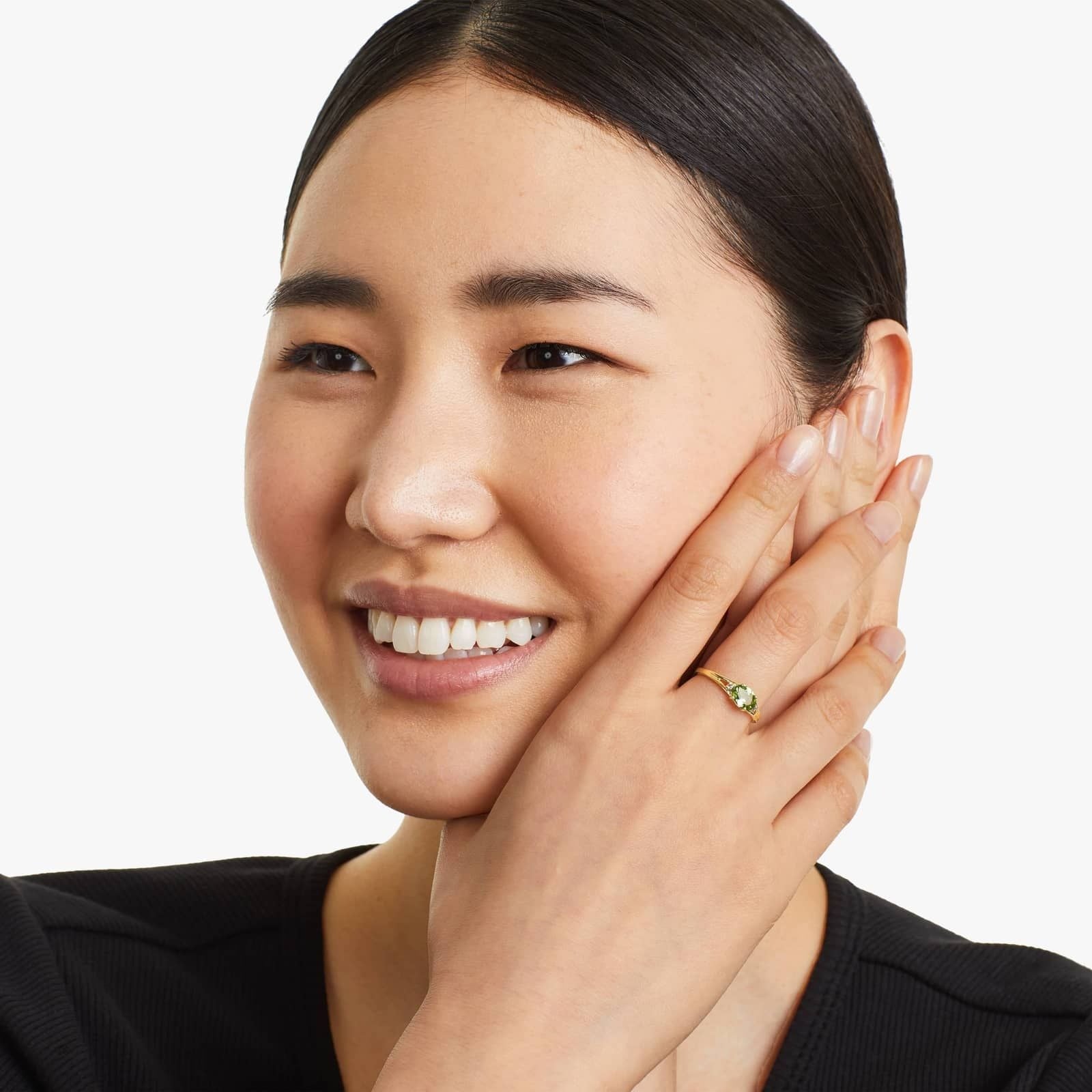 Oval Peridot And Diamond Accent Birthstone Ring In 14K Yellow Gold