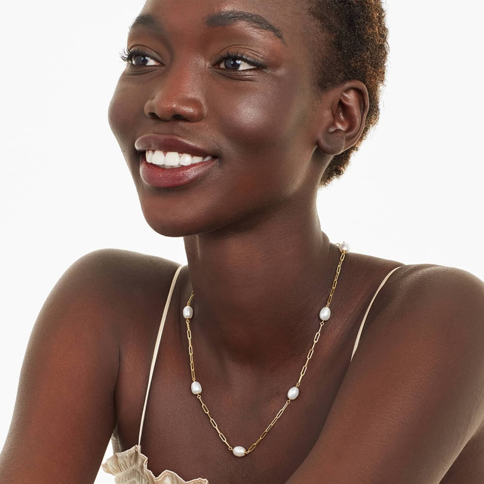 14K Yellow Gold Freshwater Cultured Pearl Station Paperclip Necklace