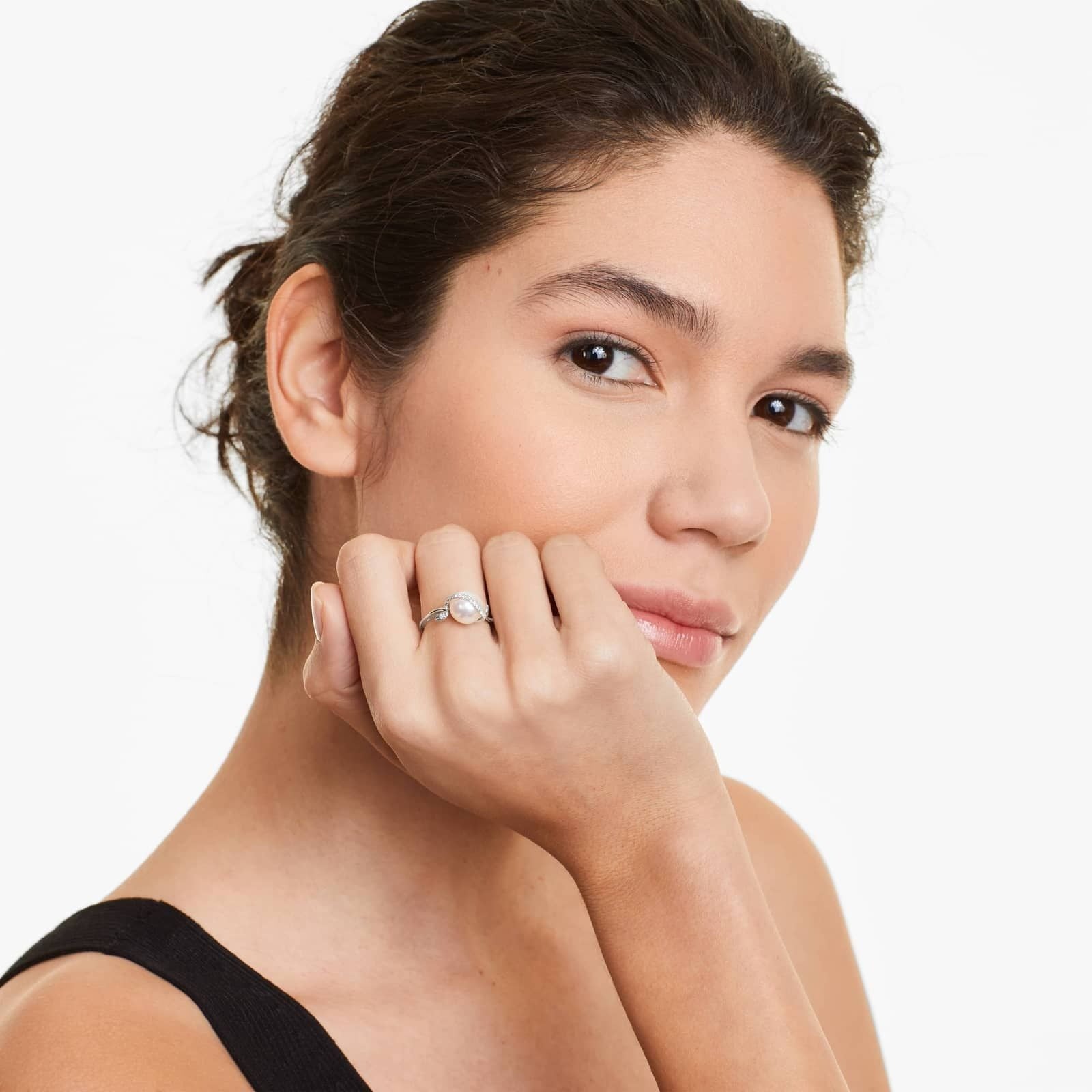 Freshwater Cultured Pearl And Diamond Vine Ring In 14K White Gold (9.0-9.5mm)