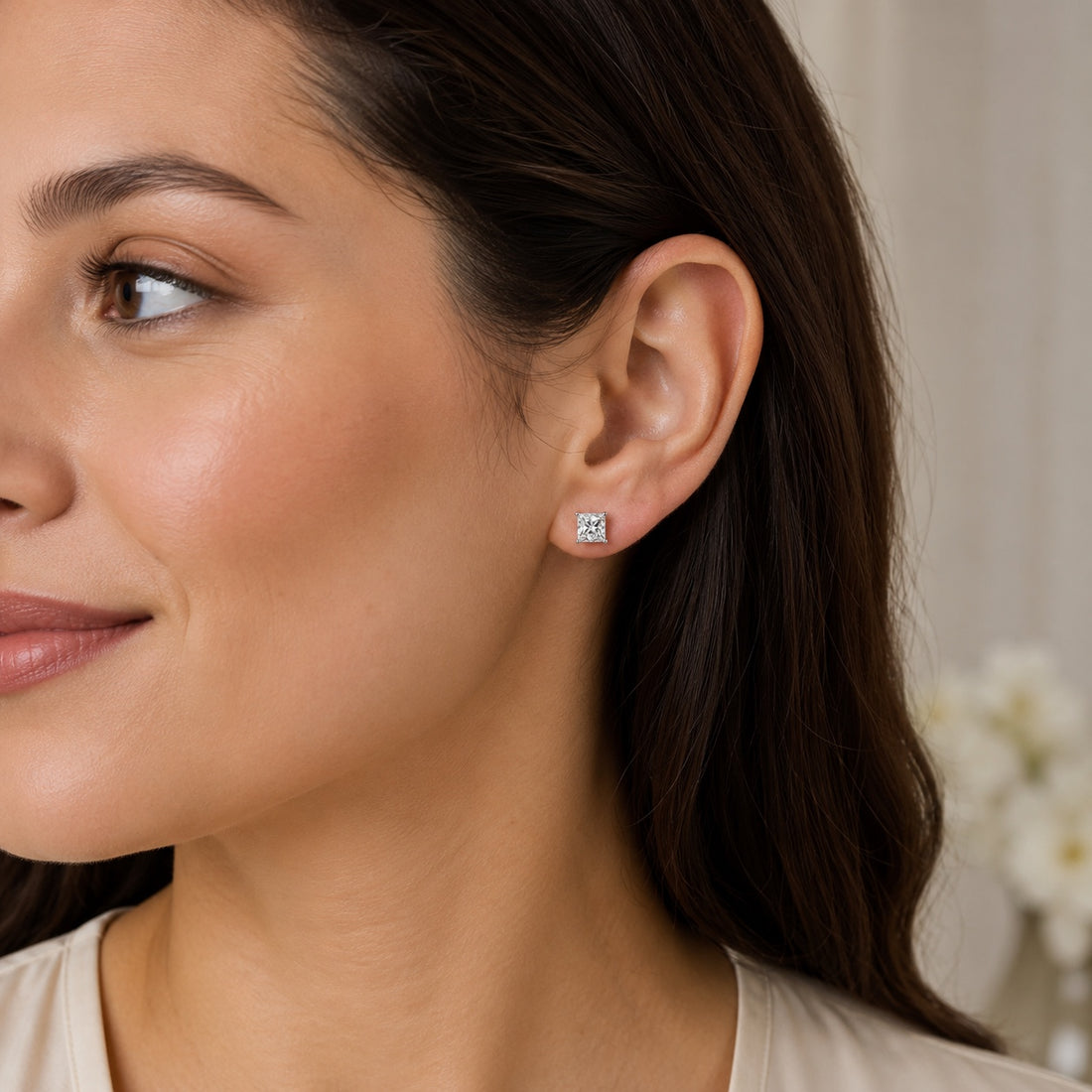 Princess-cut 1.00 CTW lab-grown diamond stud earrings in 14K white gold, front and side views