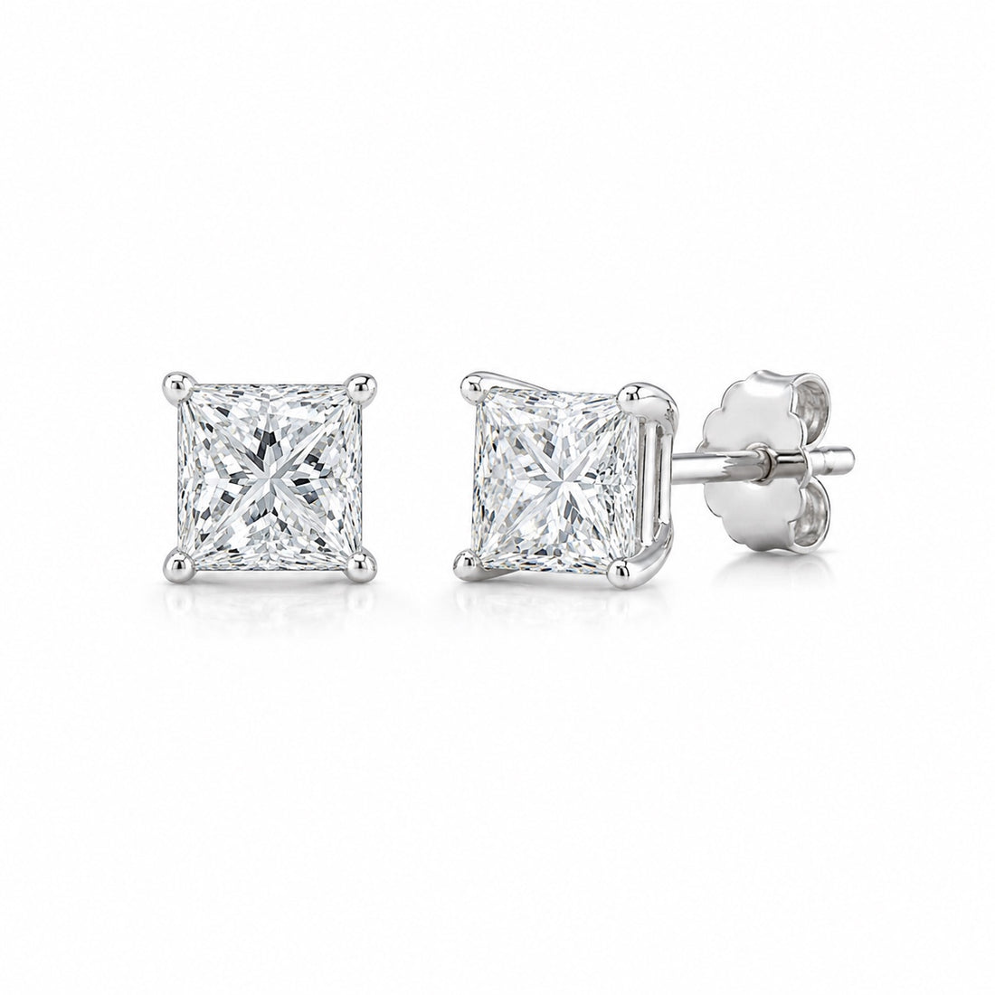 Princess-cut 1.00 CTW lab-grown diamond stud earrings in 14K white gold, front and side views