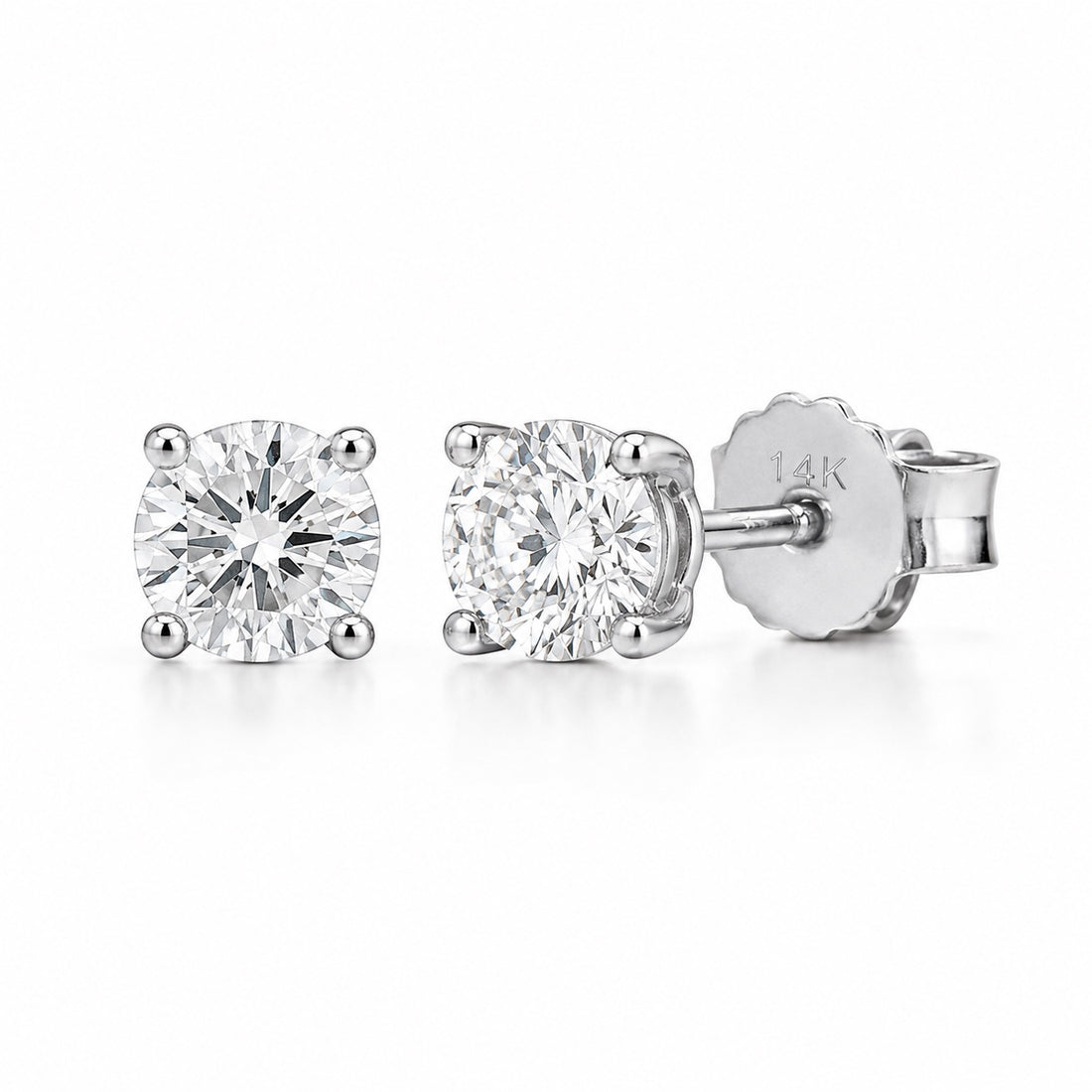 Round 0.50 CTW lab-grown diamond stud earrings in 14K white gold, front and side views
