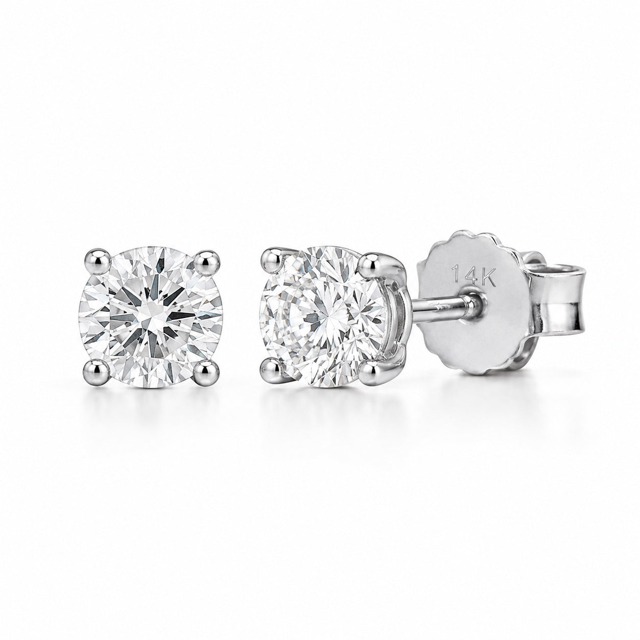 Round 0.50 CTW lab-grown diamond stud earrings in 14K white gold, front and side views
