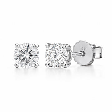 Round 0.50 CTW lab-grown diamond stud earrings in 14K white gold, front and side views