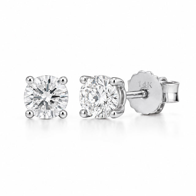 Round 0.50 CTW lab-grown diamond stud earrings in 14K white gold, front and side views