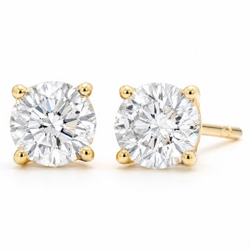 Round 1.50 CTW lab-grown diamond stud earrings in 14K yellow gold, front and side views