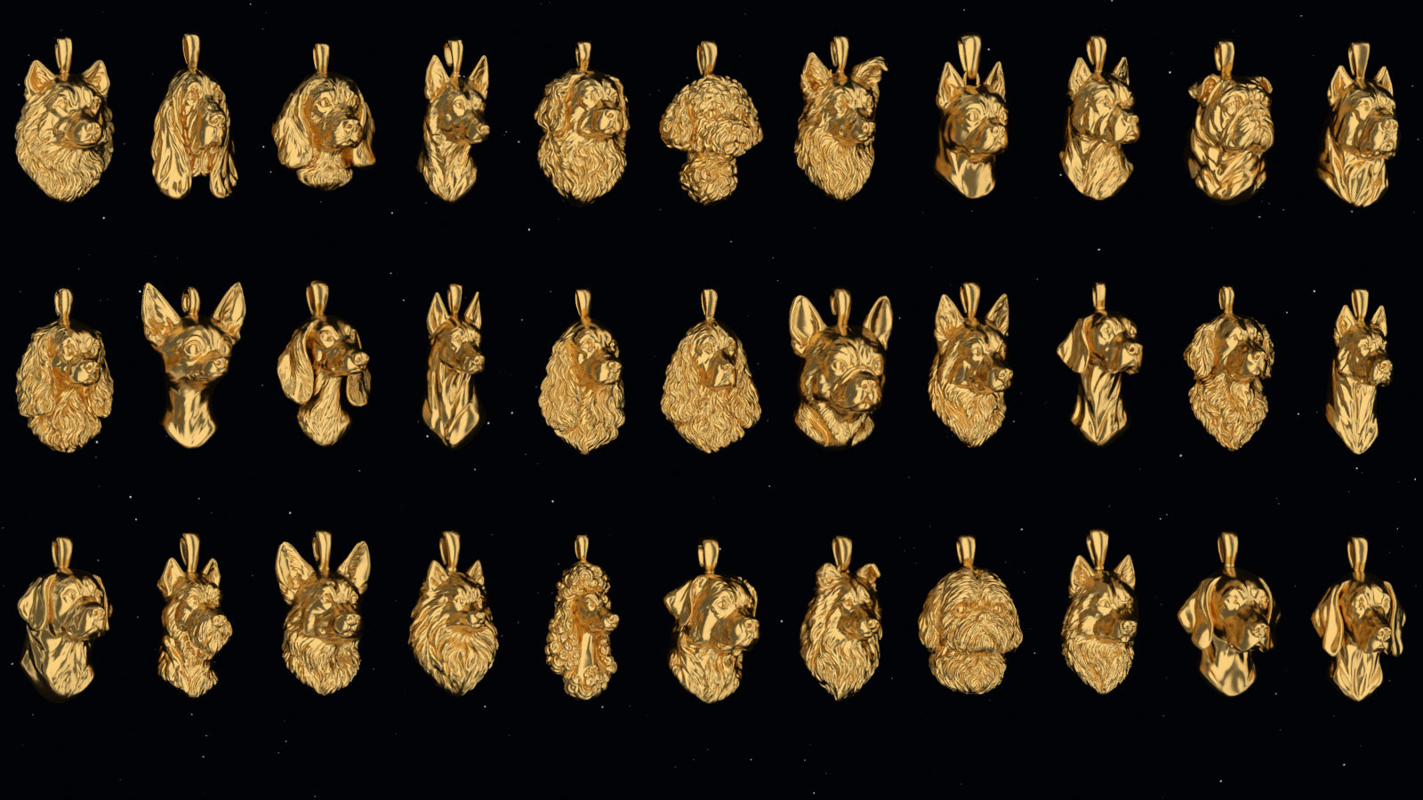 Yellow gold dog breed pendants floating separately against a distant starfield